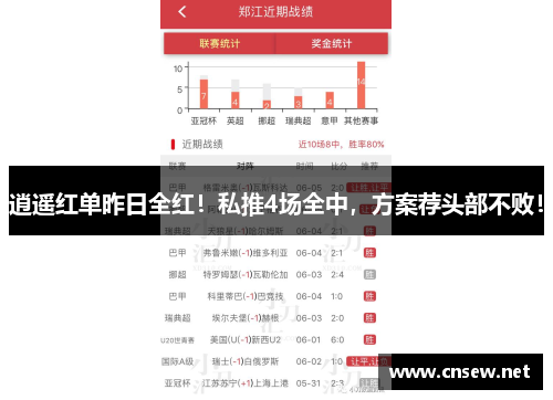 逍遥红单昨日全红！私推4场全中，方案荐头部不败！